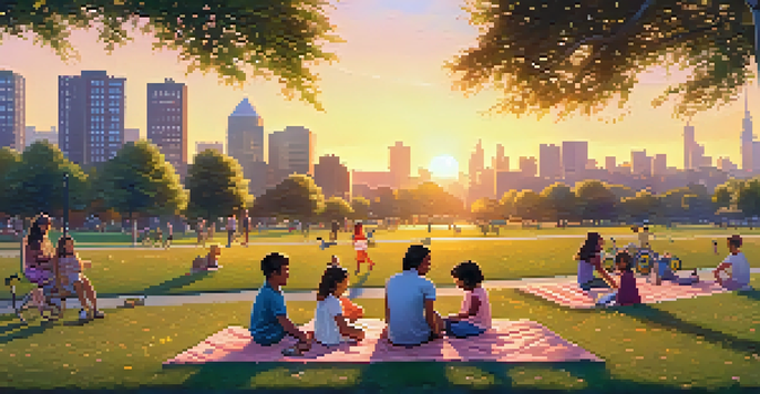 A colorful urban park at sunset with families picnicking, children playing, and a skyline of modern buildings in the background.