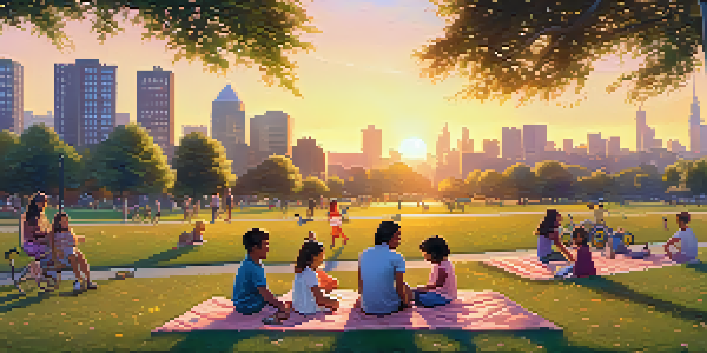 A colorful urban park at sunset with families picnicking, children playing, and a skyline of modern buildings in the background.