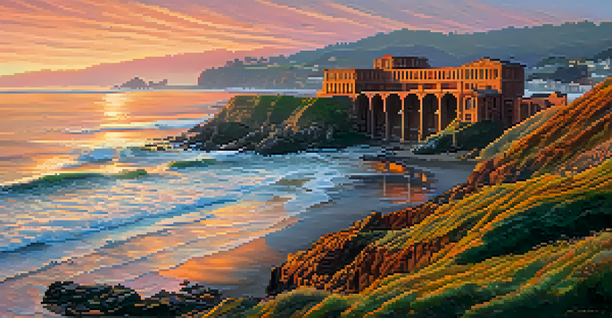 A sunset view of the Sutro Baths ruins, with warm light on the stone structures and ocean waves in the background.