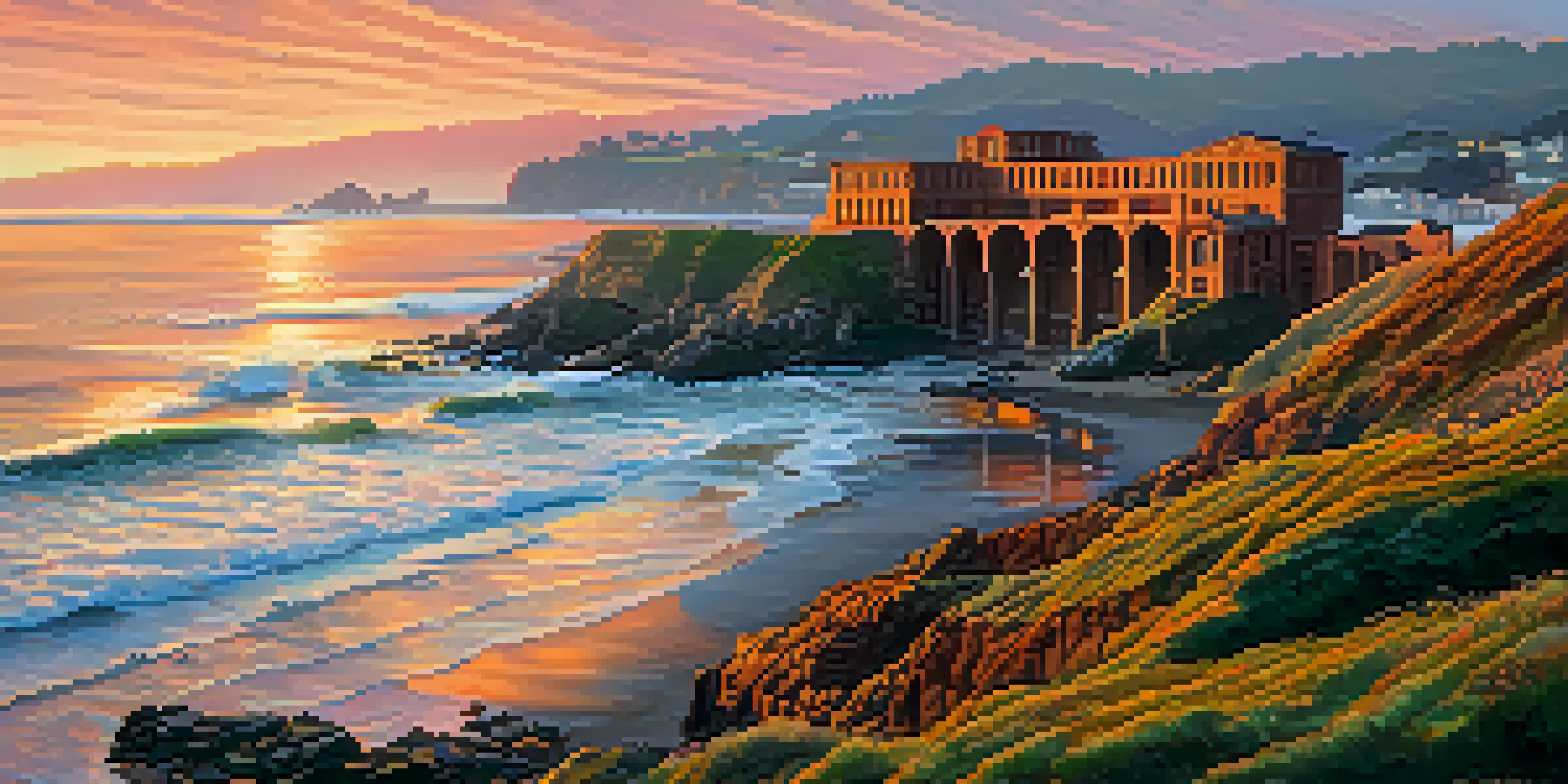 A sunset view of the Sutro Baths ruins, with warm light on the stone structures and ocean waves in the background.