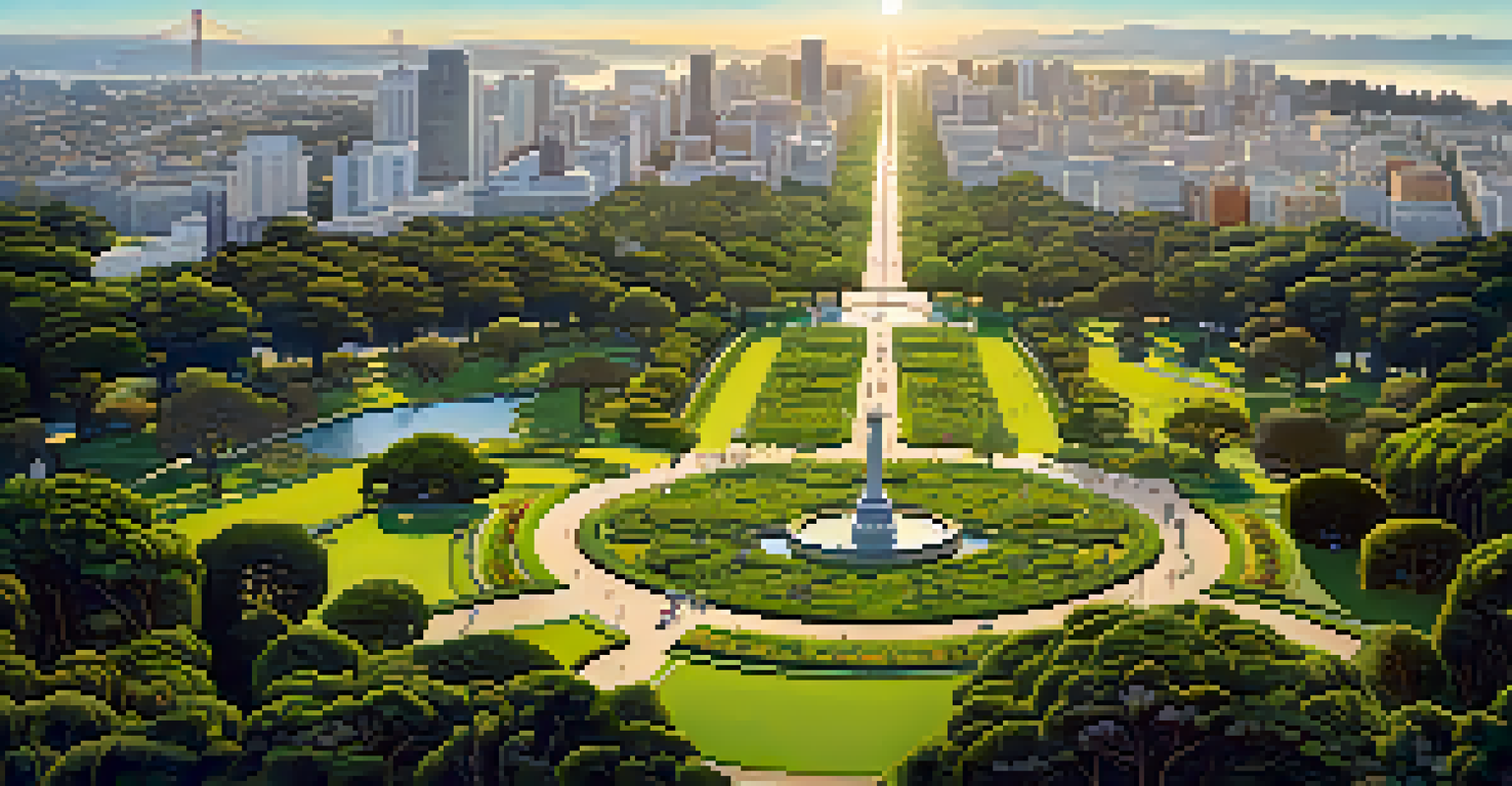 Aerial view of Golden Gate Park featuring lush greenery, winding paths, and serene lakes with people engaging in various activities.