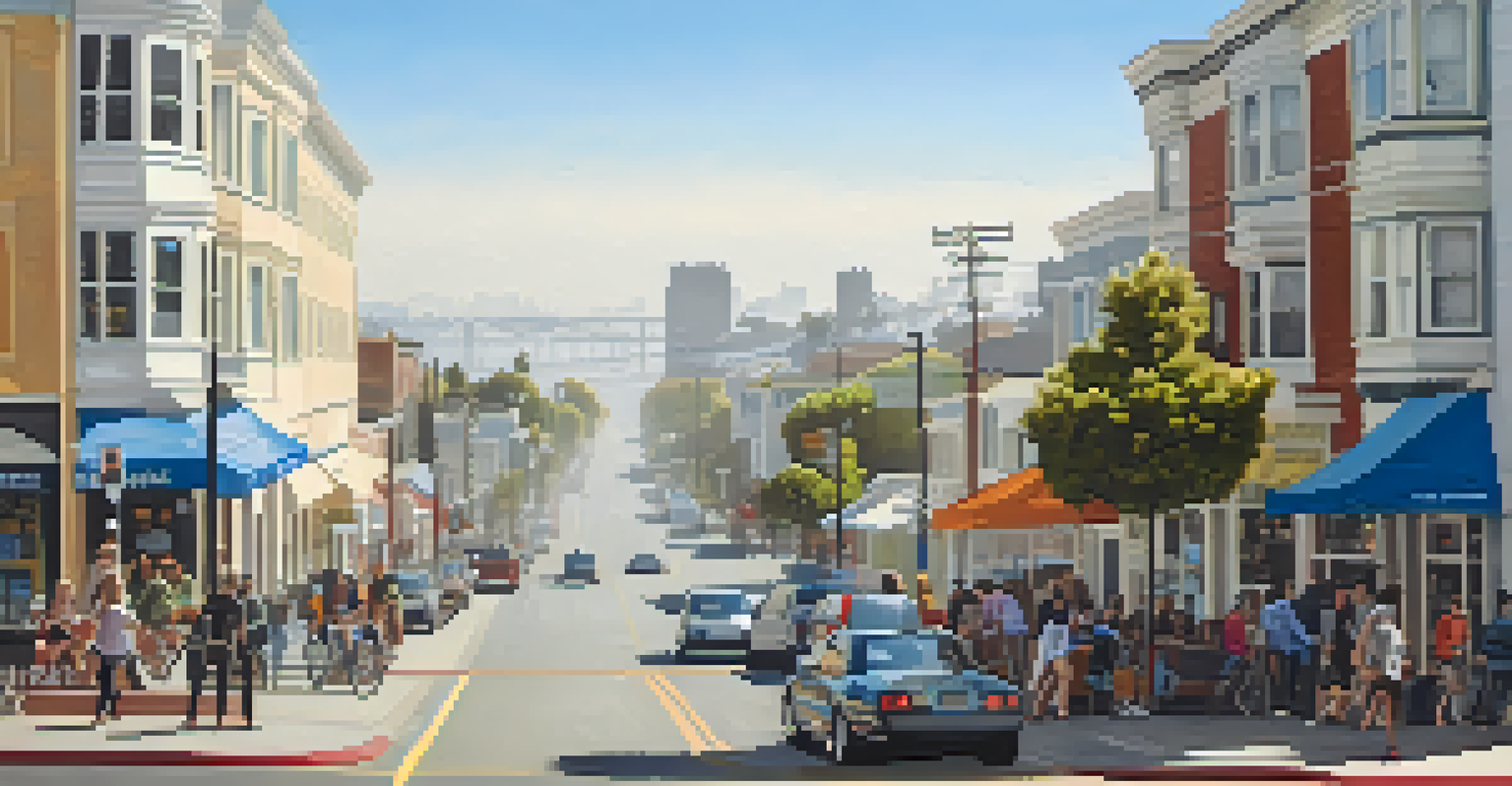 A bustling urban scene in the Marina District of San Francisco with people outside and fog approaching the Richmond District.