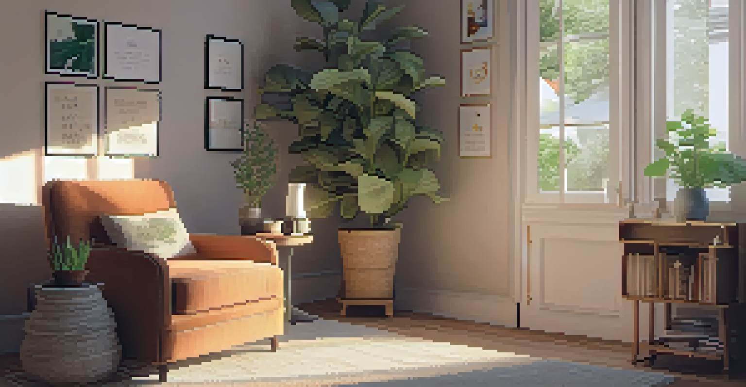 A cozy room designed for self-care, featuring a comfortable armchair, journals, a cup of tea, and soft lighting, with motivational quotes on the walls.