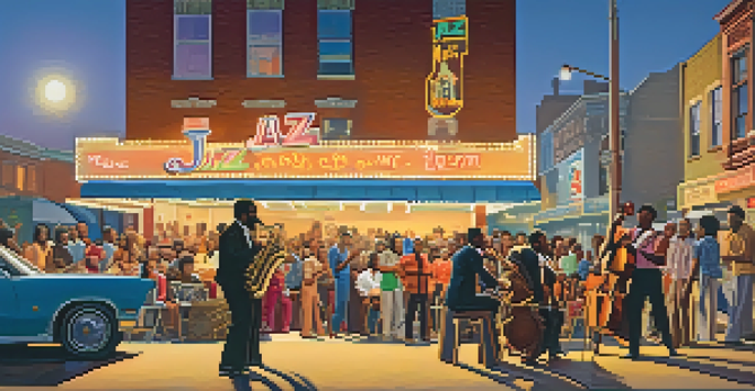 A lively street scene with jazz musicians performing in front of a colorful mural, depicting the cultural richness of the Fillmore District in the 1970s.
