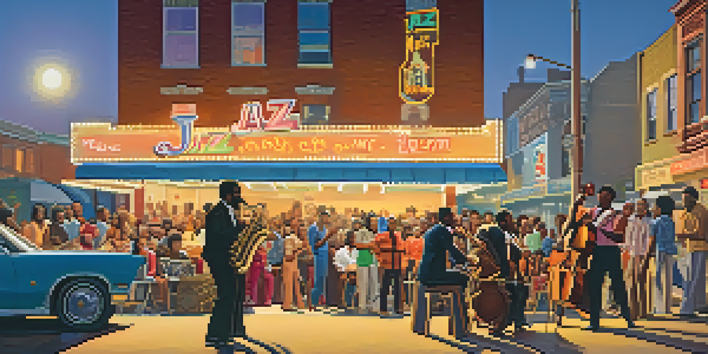 A lively street scene with jazz musicians performing in front of a colorful mural, depicting the cultural richness of the Fillmore District in the 1970s.