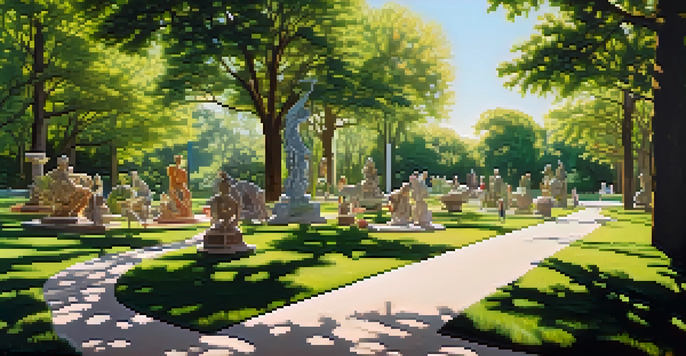 A tranquil outdoor sculpture park with various large sculptures among vibrant greenery and blooming flowers, illuminated by soft sunlight.