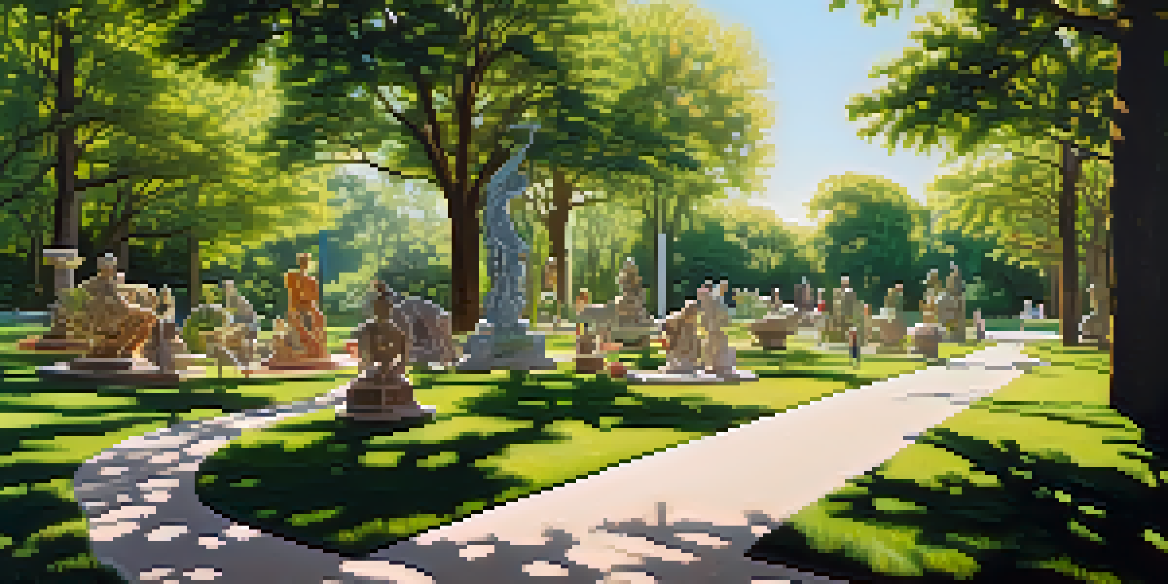 A tranquil outdoor sculpture park with various large sculptures among vibrant greenery and blooming flowers, illuminated by soft sunlight.