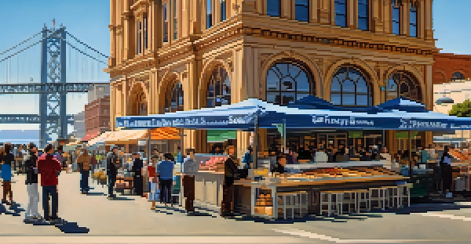 A lively outdoor scene at Ferry Building in San Francisco, featuring shops and customers enjoying coffee and pastries with the Bay Bridge in the background.