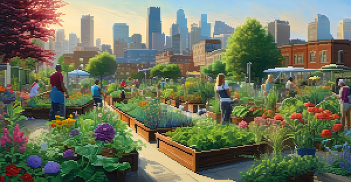 A diverse group of residents working together in a lush community garden with a city skyline in the background.
