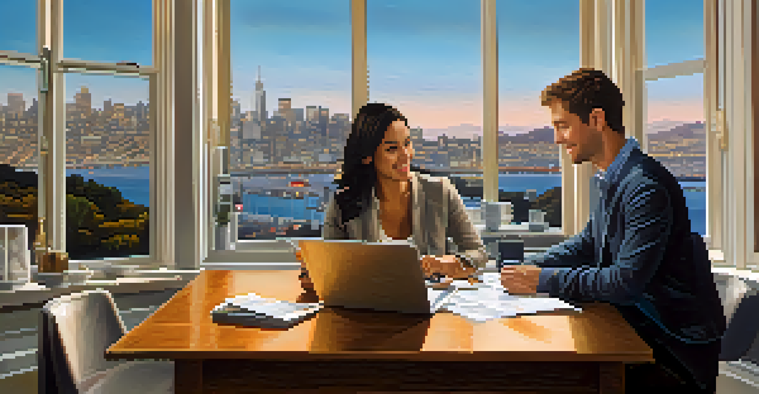A close-up of a couple discussing financing options at a table with paperwork and a view of the San Francisco skyline through a window.