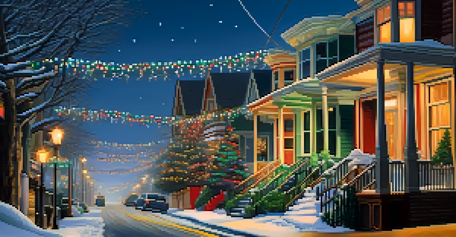 A picturesque San Francisco neighborhood street illuminated with colorful holiday lights and decorations, with people walking and snow falling.