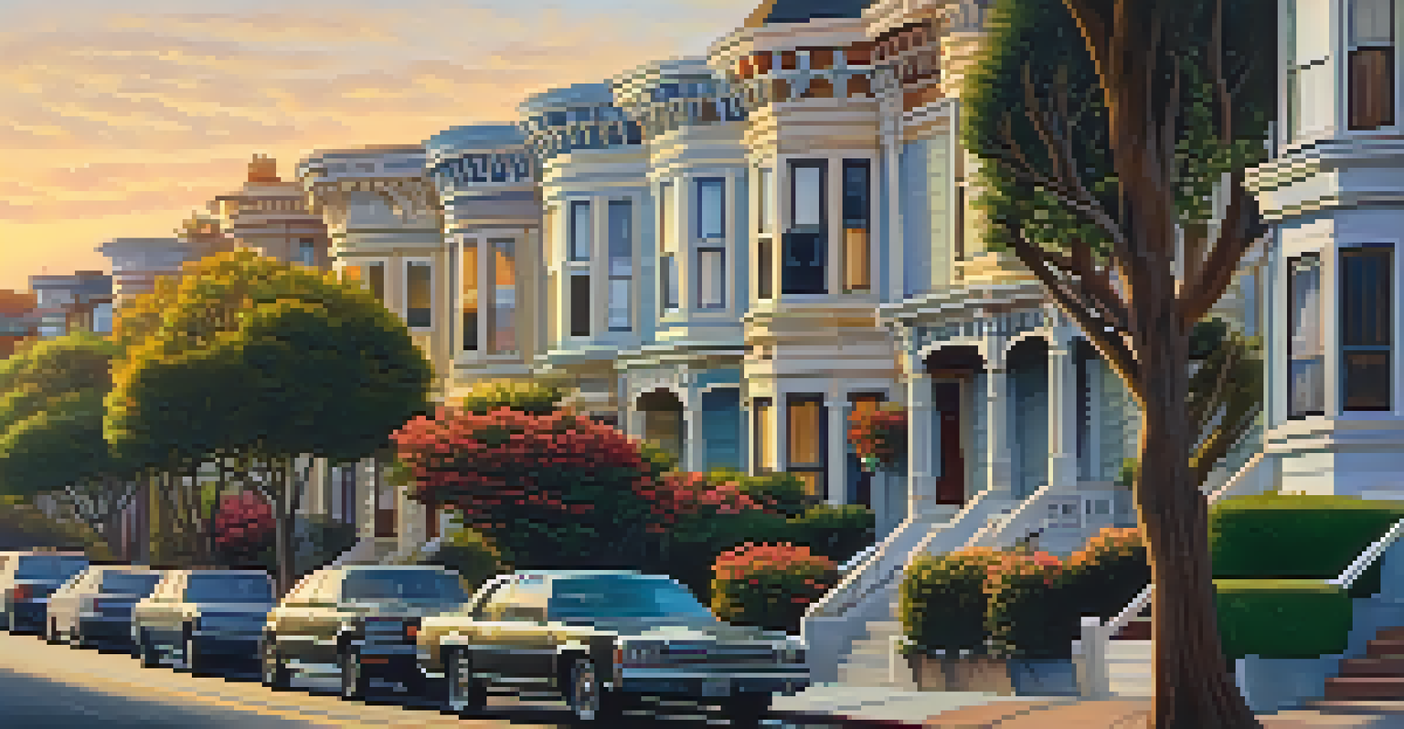 A charming street in Pacific Heights showcasing restored Victorian homes with intricate details, surrounded by flowers and trees at sunset.