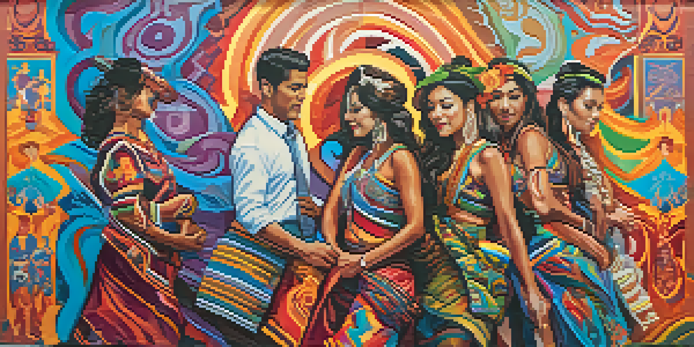 A colorful mural depicting Latino dancers in traditional clothing, illuminated by sunlight in the streets of the Mission District.