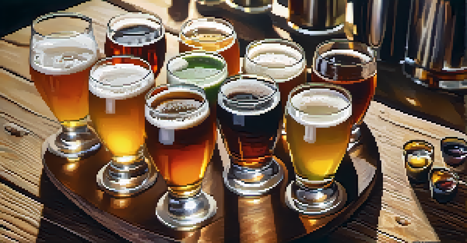 A craft beer flight with various colorful beers presented on a wooden table in a brewery.