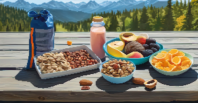 Colorful energy snacks and a hydration pack on a picnic table with a biking trail and mountains in the background.