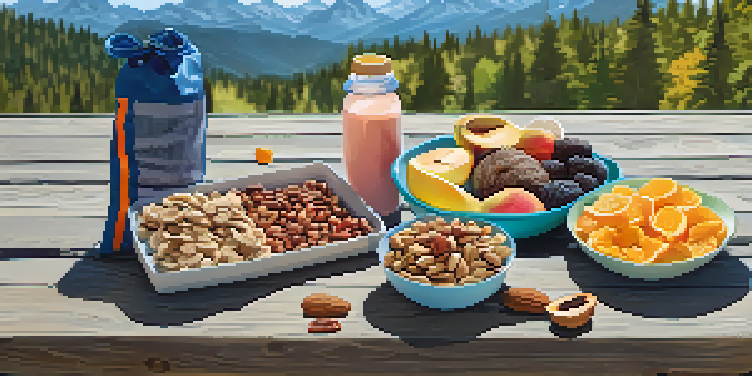 Colorful energy snacks and a hydration pack on a picnic table with a biking trail and mountains in the background.