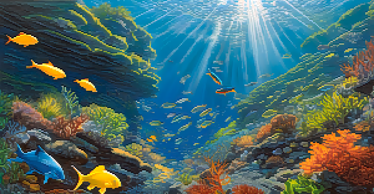 An underwater view of a colorful marine ecosystem with fish and kelp, and harbor porpoises swimming.