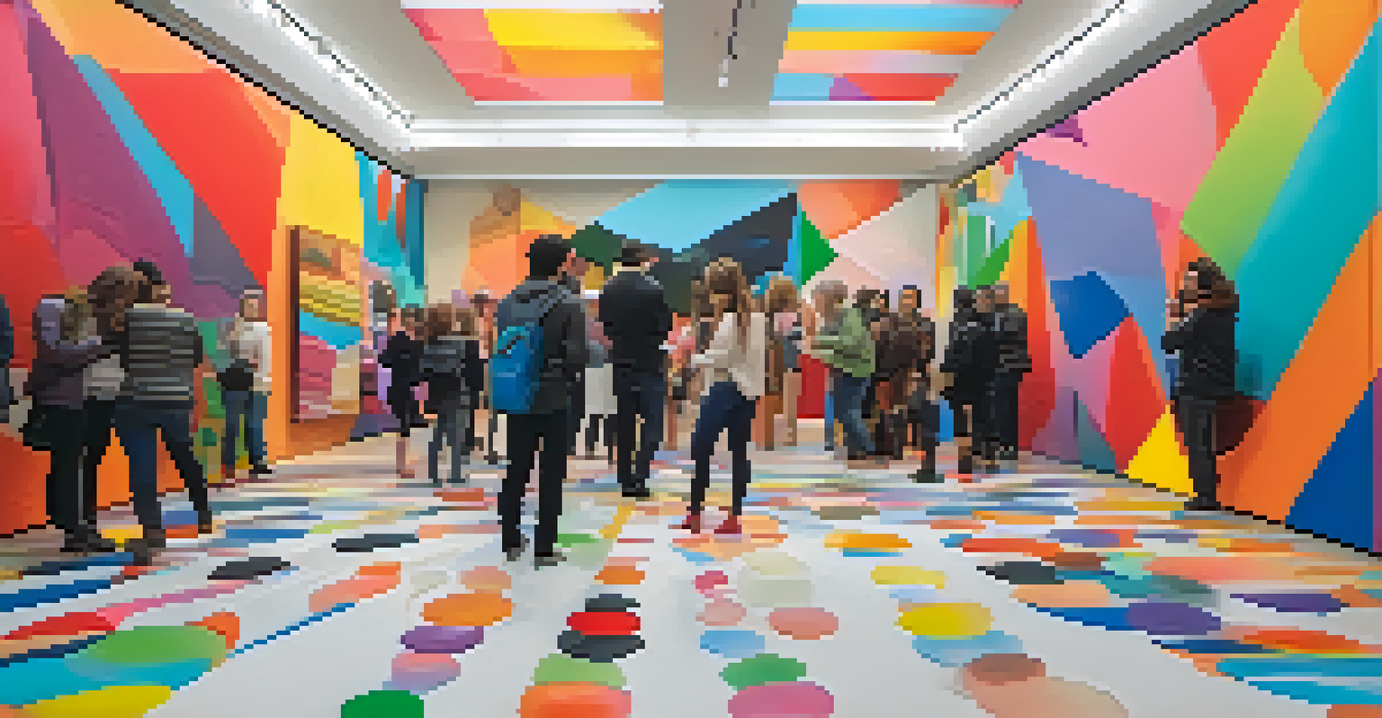 An art installation in a gallery in San Francisco combining traditional painting with augmented reality, attracting viewers with its vibrant colors and interactive elements.