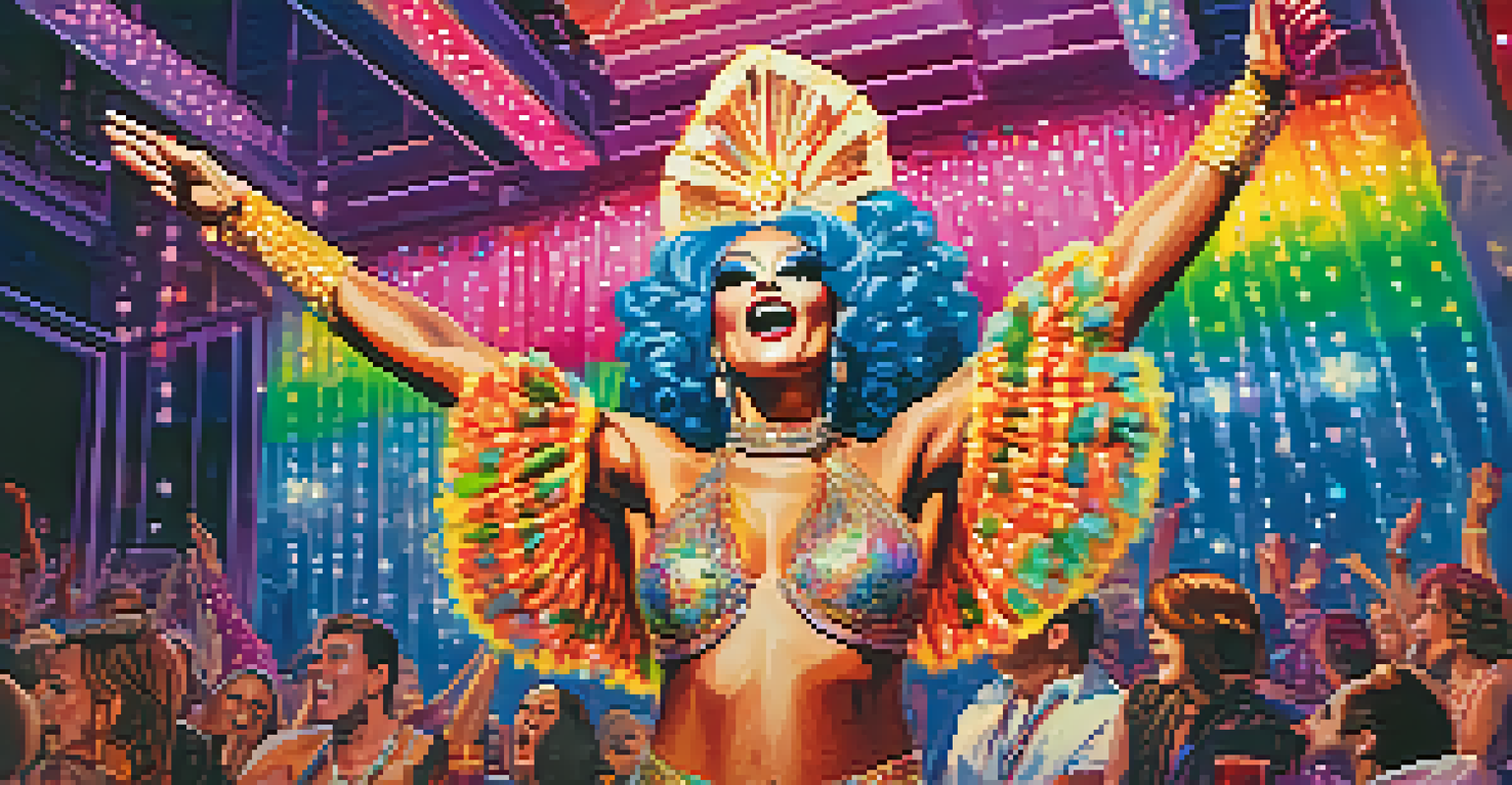 A drag queen performing on stage in a San Francisco nightclub, surrounded by colorful lights and an engaged audience, showcasing a vibrant and festive atmosphere.
