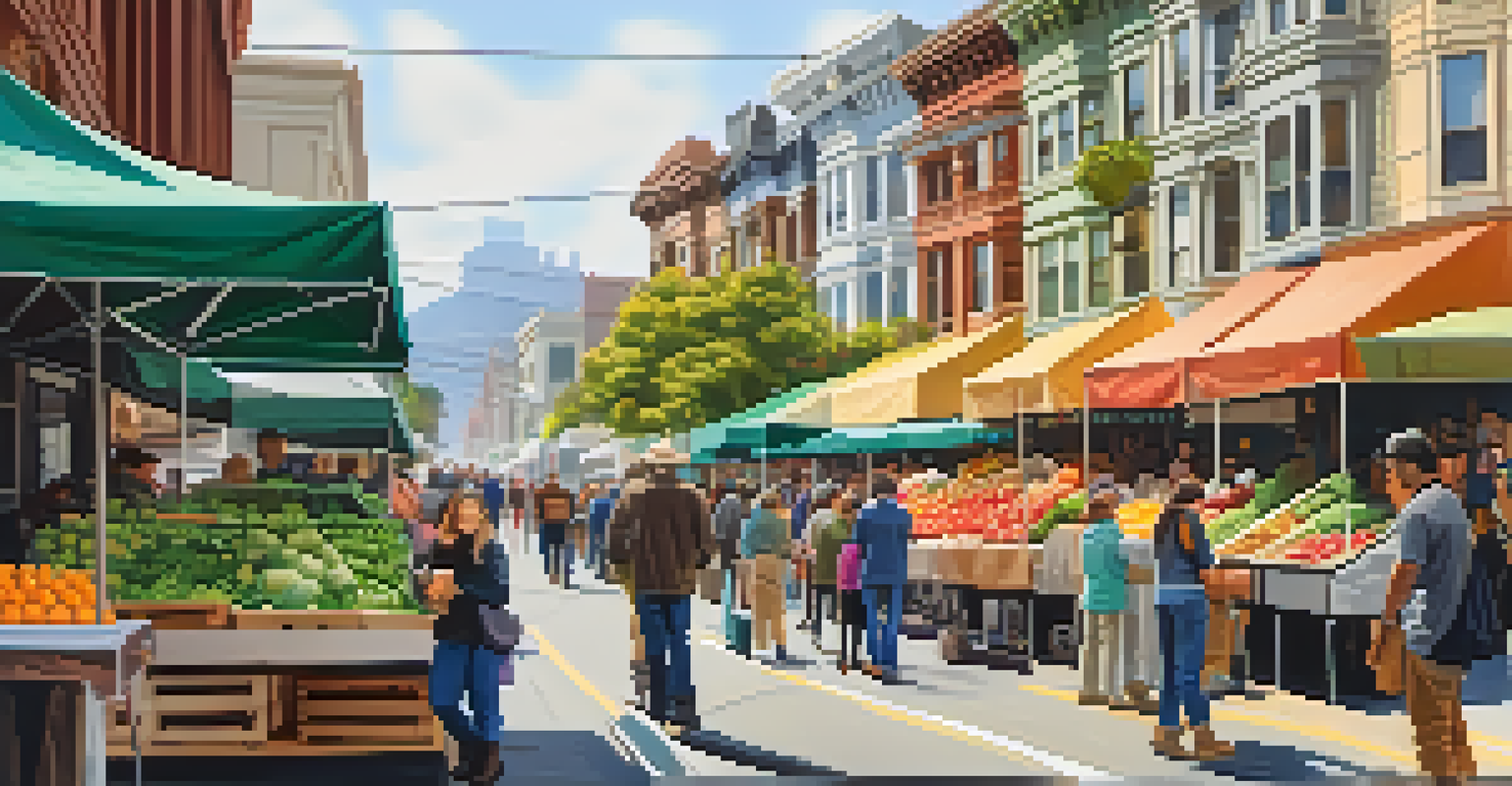 A vibrant farmer's market in San Francisco with stalls of fresh produce and diverse shoppers enjoying the atmosphere.
