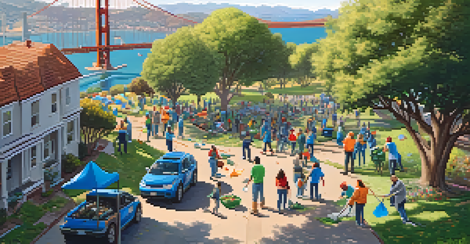 Aerial view of volunteers cleaning up a park in San Francisco, with the Golden Gate Bridge in the background and colorful trash bags around them.