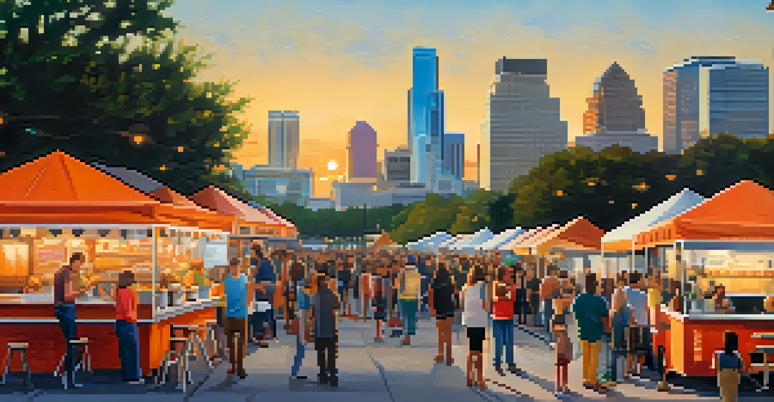An outdoor food truck festival in Austin with food trucks and people enjoying barbecue and fusion dishes against a sunset backdrop.