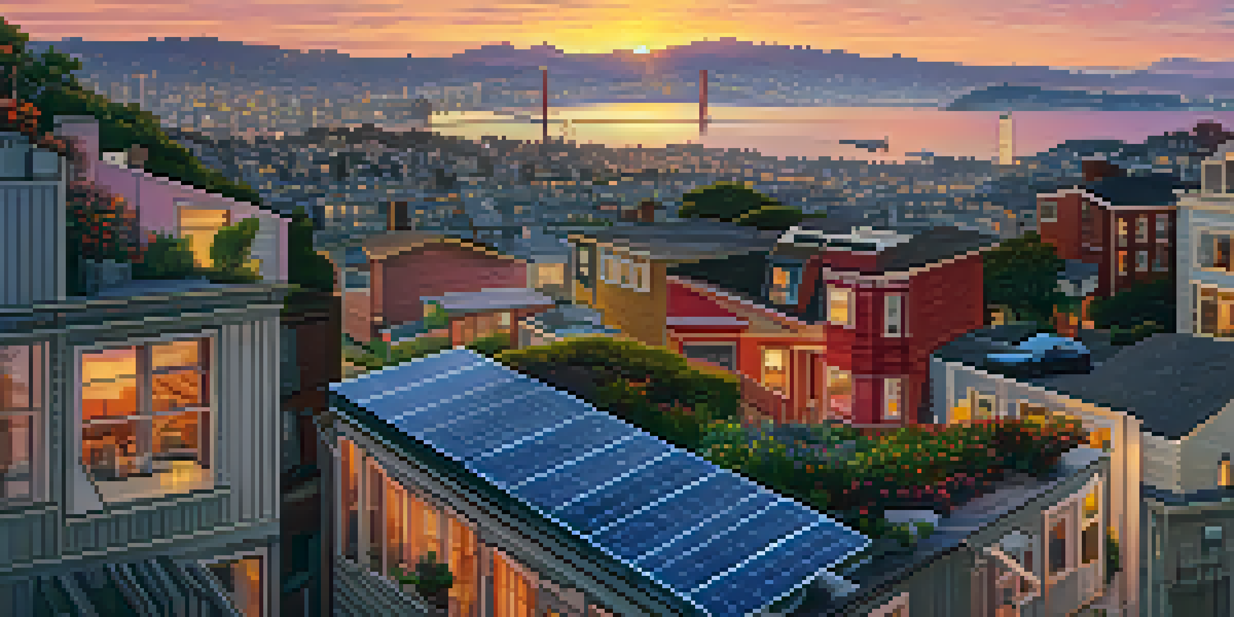 A sunset view of San Francisco's skyline with solar panels on rooftops and residents planting flowers around a community solar project.
