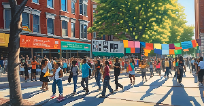 A lively protest scene with diverse activists holding colorful banners in an urban setting, with sunlight filtering through trees.
