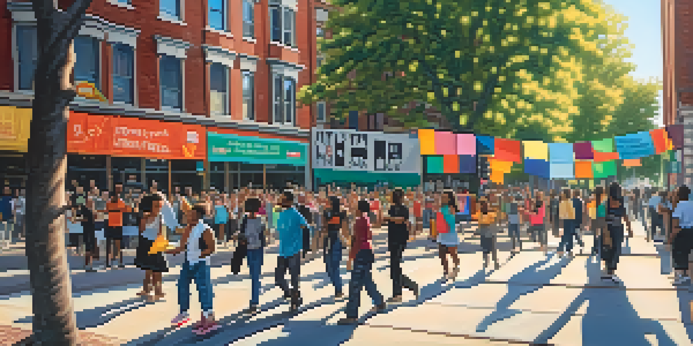 A lively protest scene with diverse activists holding colorful banners in an urban setting, with sunlight filtering through trees.