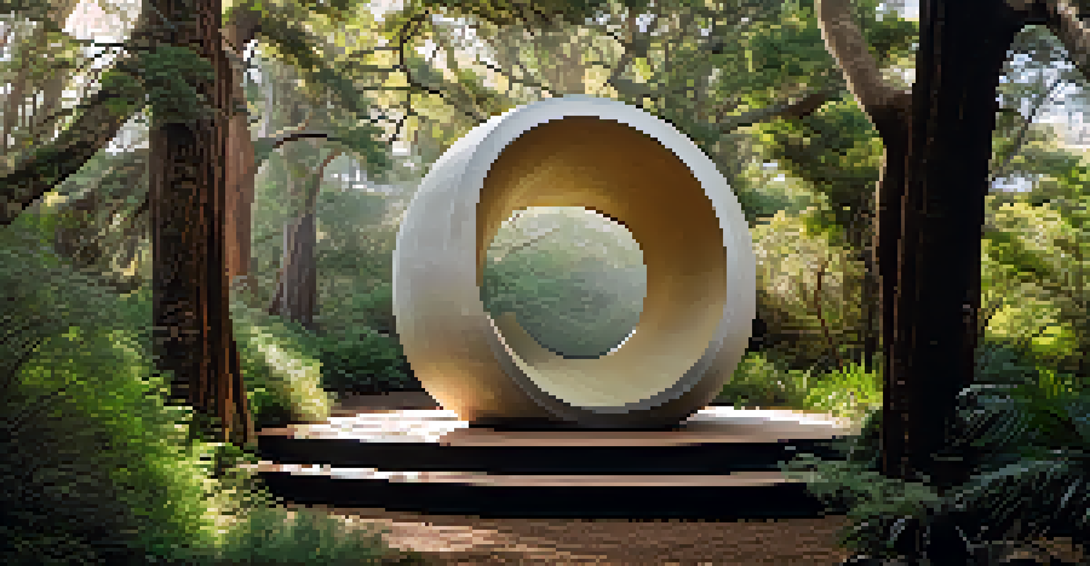 A natural art installation named 'Spire' by Andy Goldsworthy, surrounded by lush greenery and illuminated by soft afternoon light.