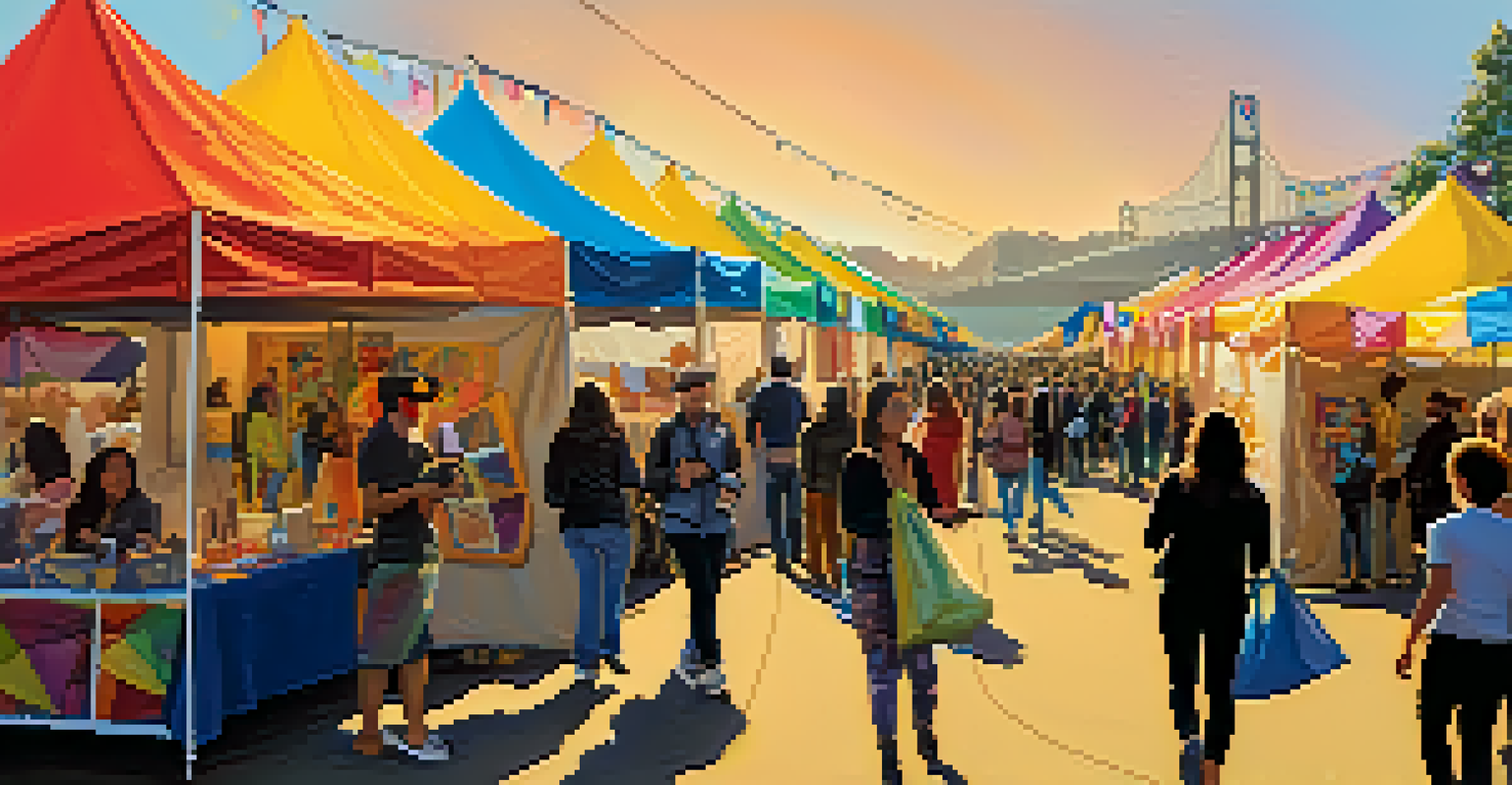 An outdoor art festival in San Francisco with colorful tents, visitors interacting with art, and a sunset glow enhancing the lively atmosphere.