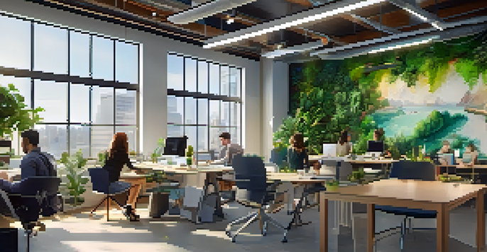 A bright open office space with employees working together, large windows, and greenery throughout the room.