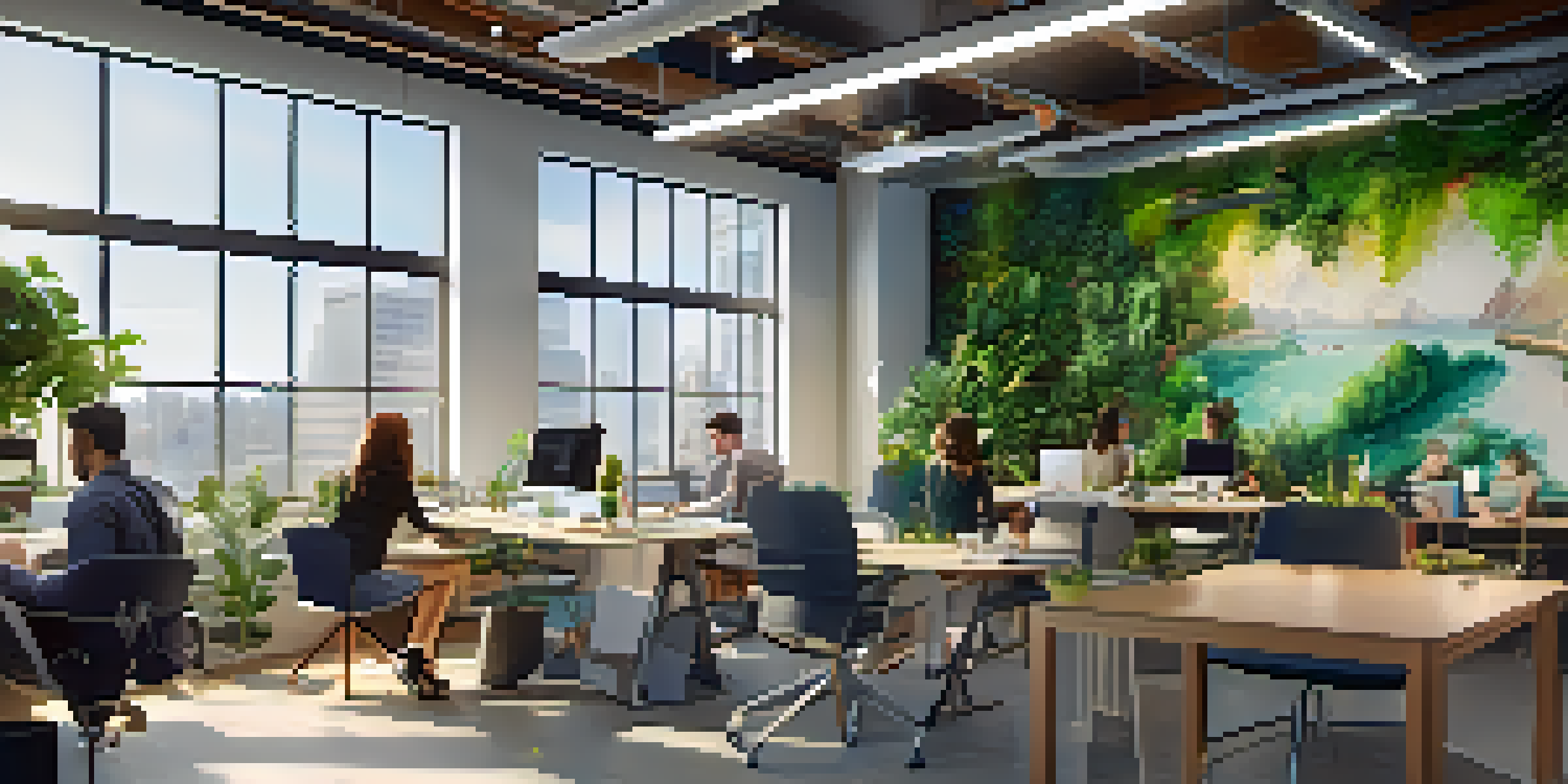 A bright open office space with employees working together, large windows, and greenery throughout the room.