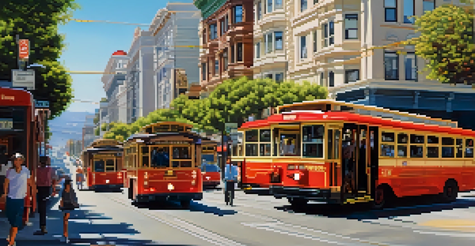 A busy San Francisco street with Muni buses and cable cars, surrounded by Victorian buildings and pedestrians, under a clear blue sky.