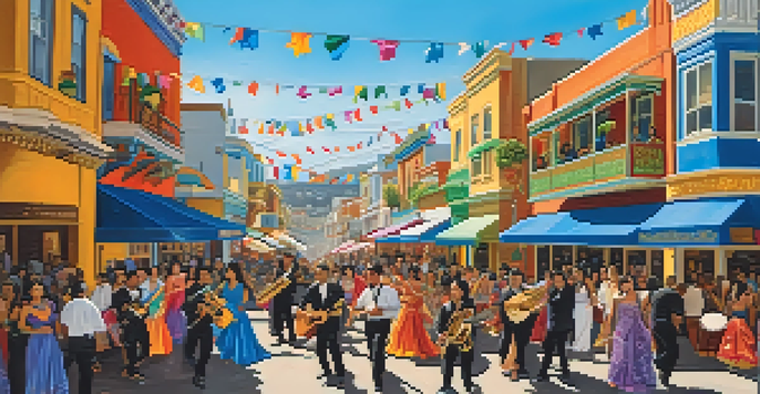 A lively street festival in the Mission District of San Francisco with dancers in traditional clothing, musicians, and colorful decorations.