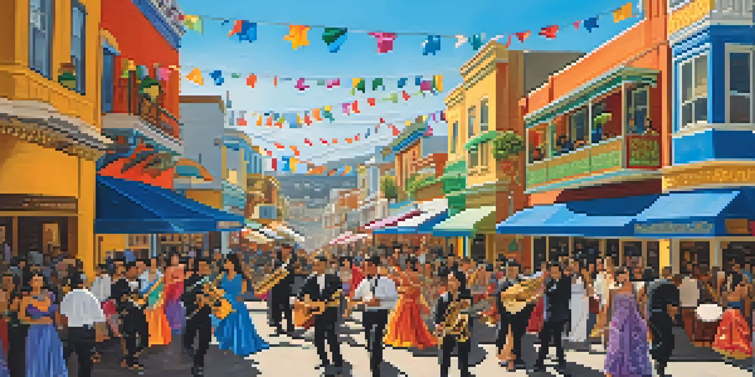 A lively street festival in the Mission District of San Francisco with dancers in traditional clothing, musicians, and colorful decorations.
