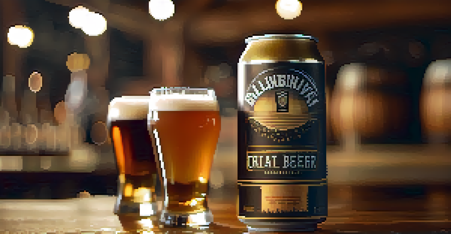 A close-up of a freshly poured golden craft beer with a frothy head on a wooden table, illuminated by warm lighting and a blurred brewery setting in the background.