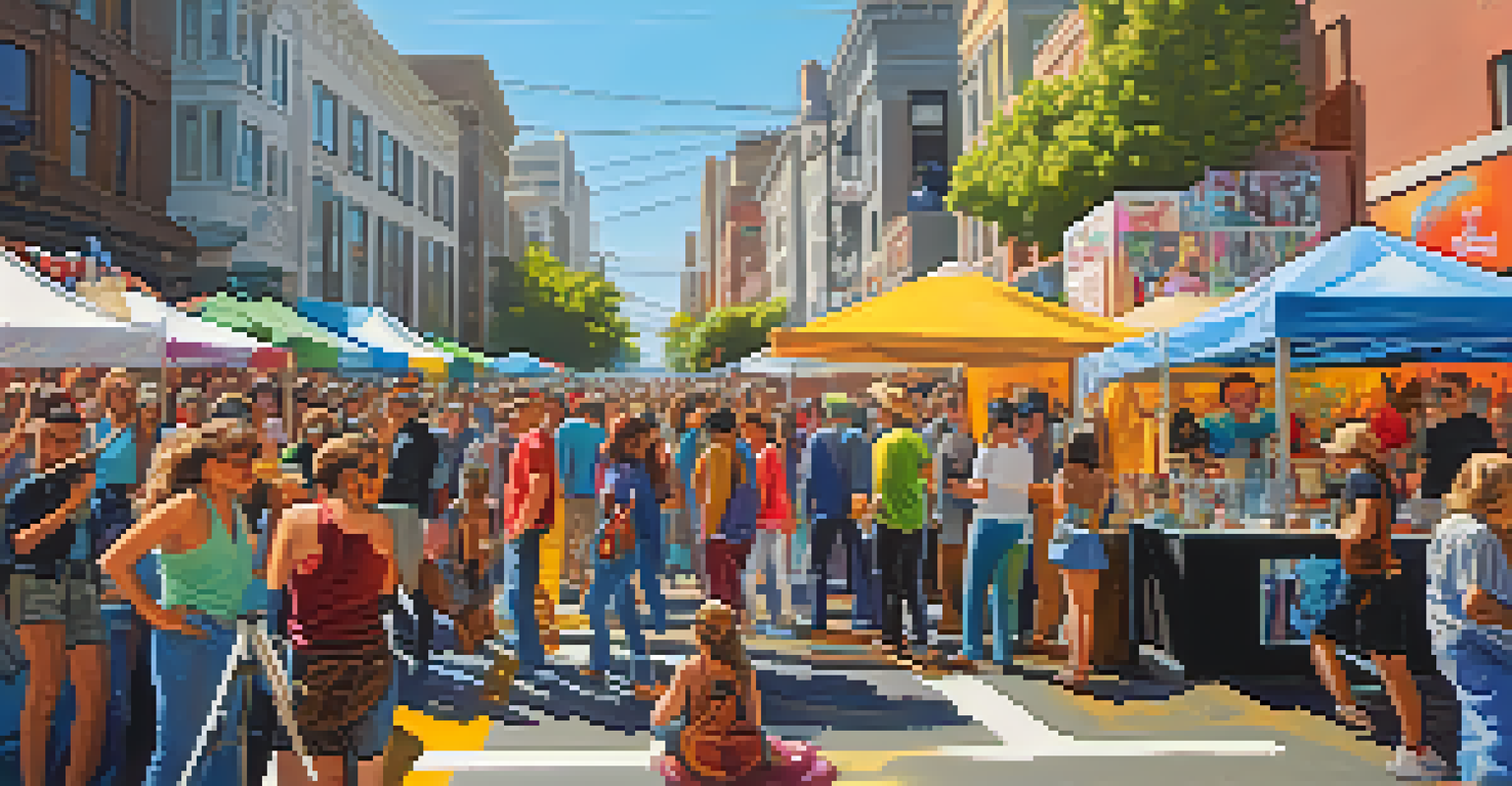A bustling street art festival with artists painting murals, crowds enjoying the scene, and food trucks in the background.