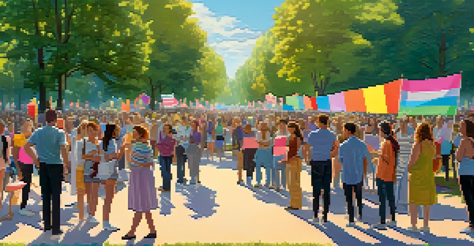 A peaceful park scene with individuals of various gender identities holding banners during a Trans March, surrounded by trees and open space.