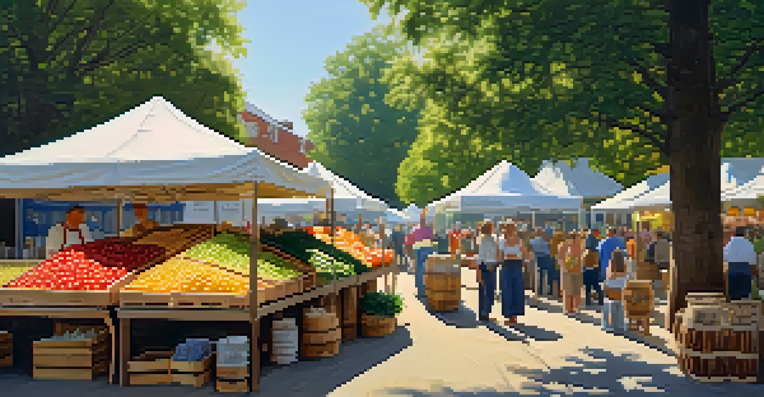 Outdoor farmer's market with craft distillers, colorful stalls, and people sampling spirits under sunlight.