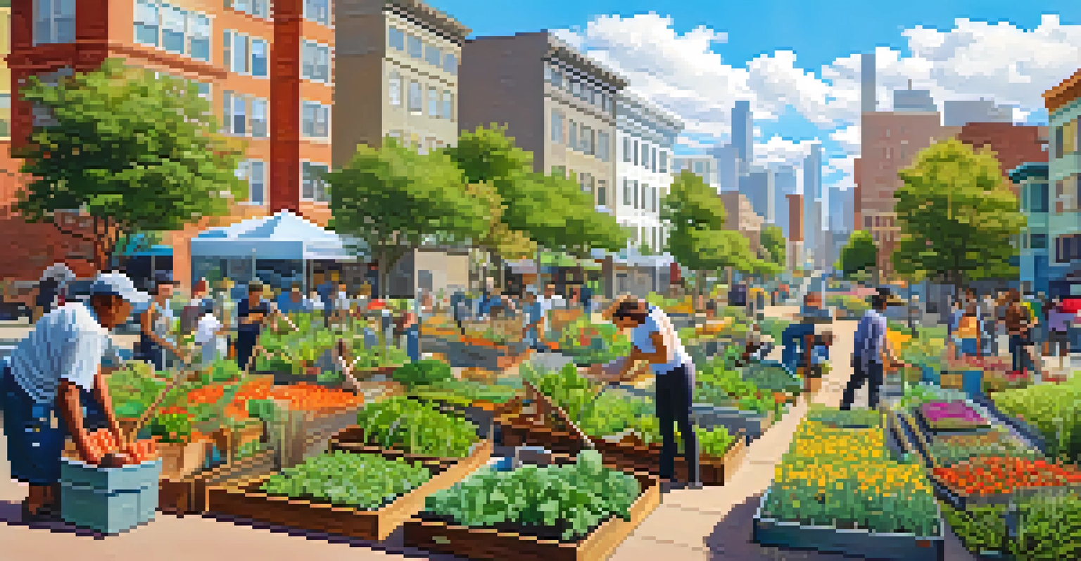 A community garden in San Francisco with vibrant plants and people gardening against an urban backdrop.