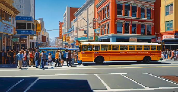 A busy San Francisco street with a Muni bus at a Chinatown stop, colorful storefronts, and the Transamerica Pyramid in the background under a bright sky.