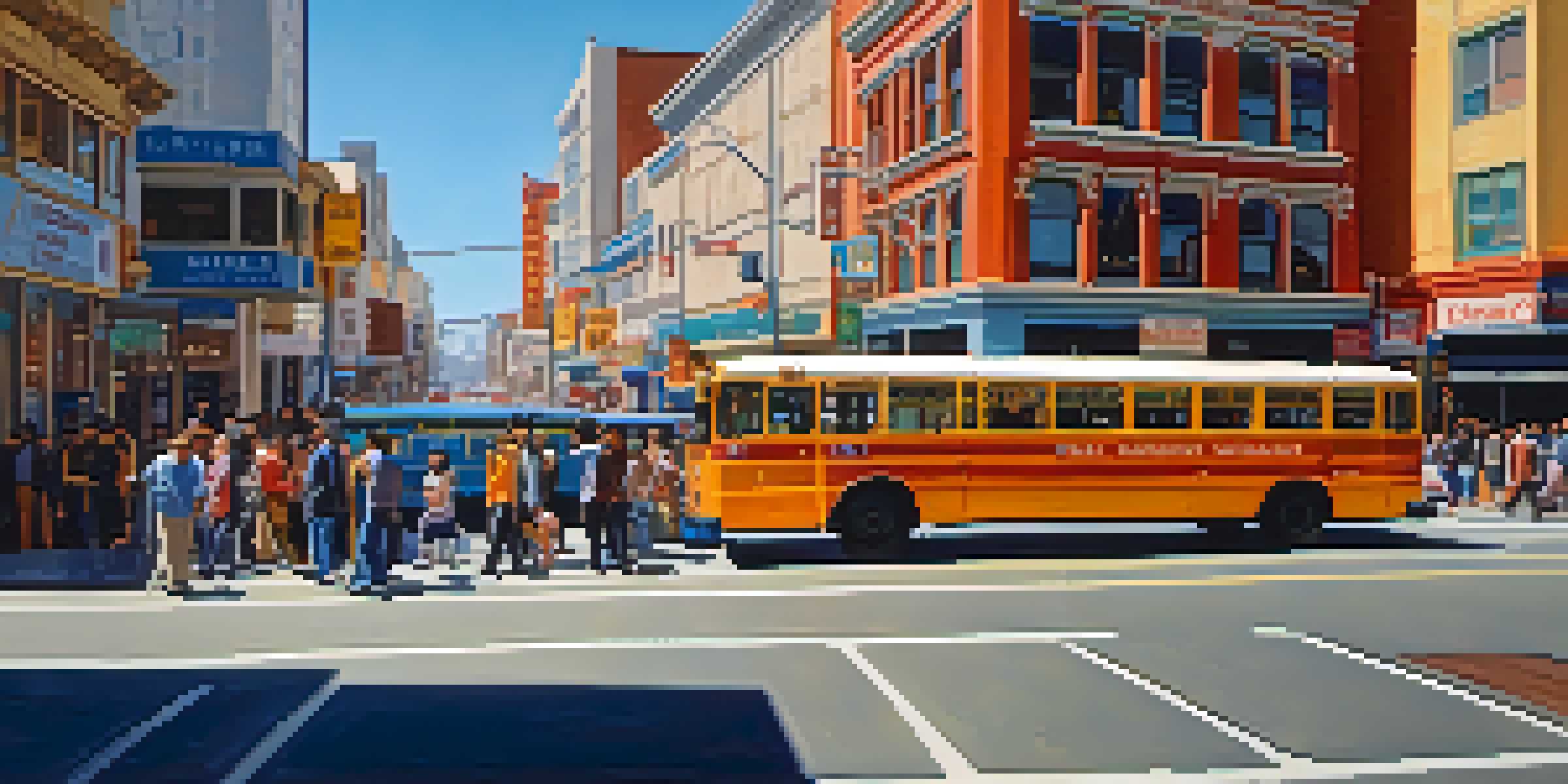 A busy San Francisco street with a Muni bus at a Chinatown stop, colorful storefronts, and the Transamerica Pyramid in the background under a bright sky.