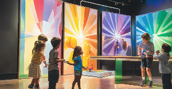 Children engaging with an interactive light and shadow exhibit at the Exploratorium, surrounded by colorful beams of light and other science displays.