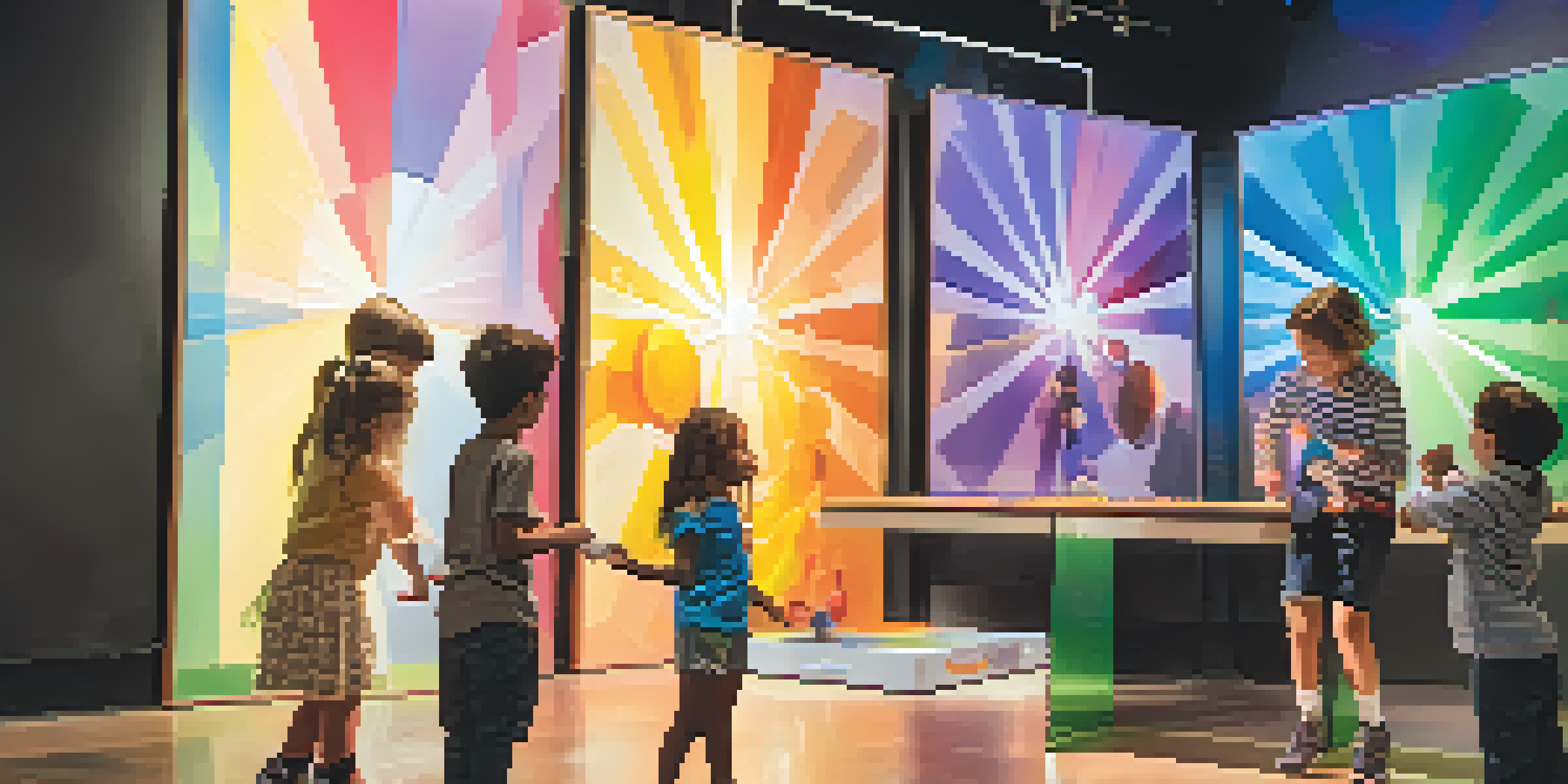Children engaging with an interactive light and shadow exhibit at the Exploratorium, surrounded by colorful beams of light and other science displays.