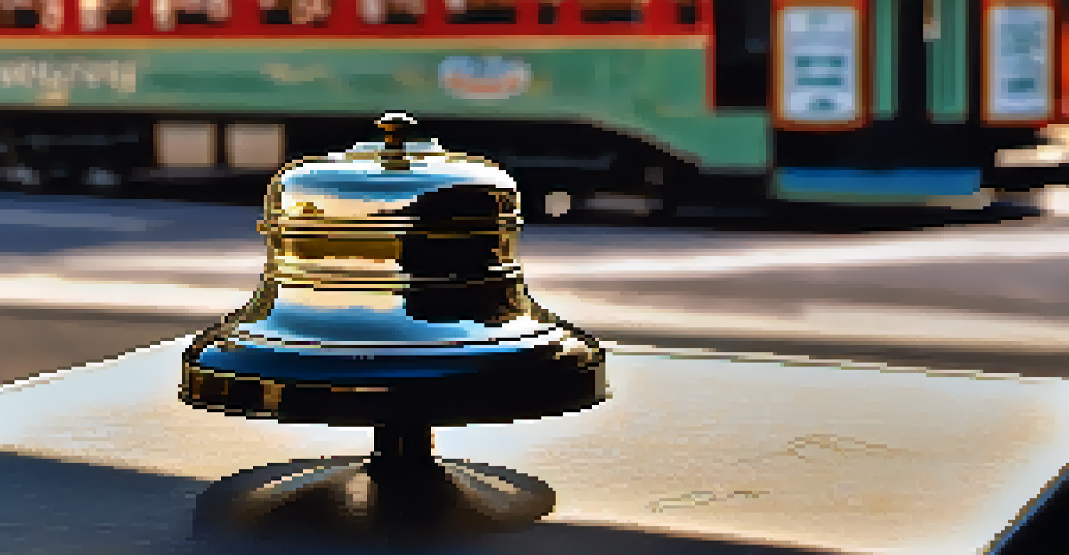 Close-up of a vintage streetcar bell, shining in sunlight, with blurred passengers in the background.