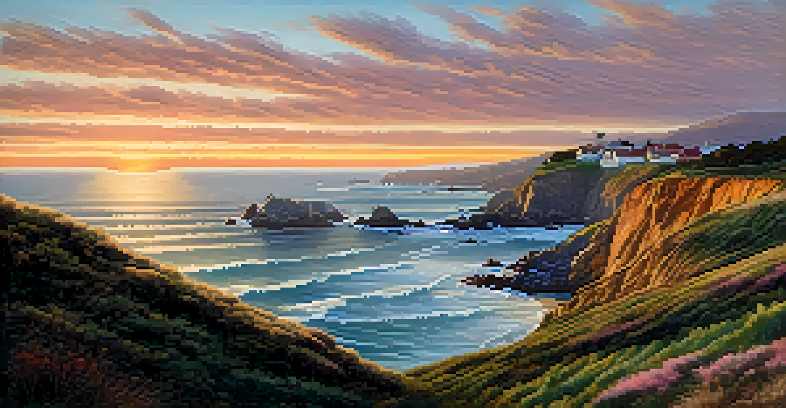 A peaceful sunset over the Pacific Ocean from Lands End, with colorful sky and crashing waves.