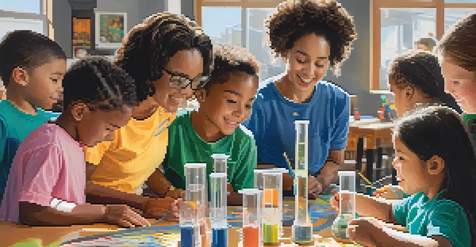 Families enjoying a hands-on science workshop at the Exploratorium, surrounded by colorful exhibits and bright sunlight.