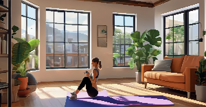 A person exercising in a cozy living room, following a fitness app on their smartphone.