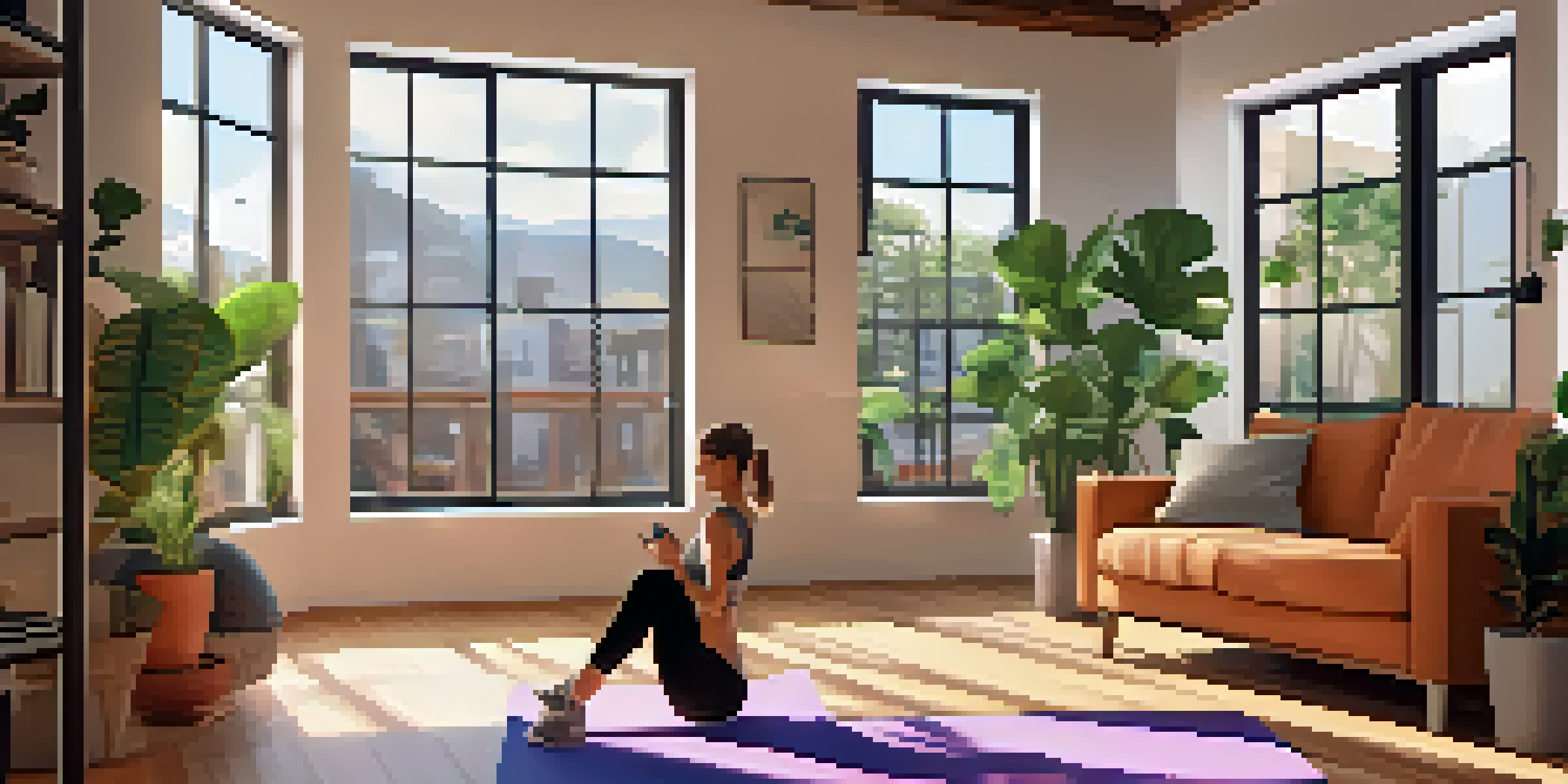 A person exercising in a cozy living room, following a fitness app on their smartphone.